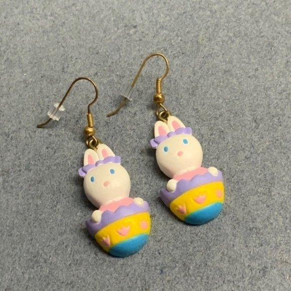 Easter Bunny Pierced Earrings Egg Pastel Dangle White Pink Purple Yellow Blue - Picture 3 of 4